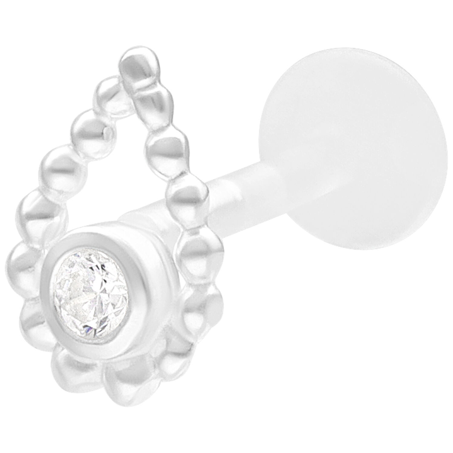 Silbernes Labret mit Perlenring und Stein auf weißem Hintergrund