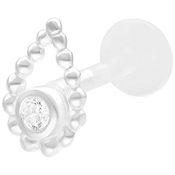 Labret plateado con anillo de perlas y piedra sobre fondo blanco