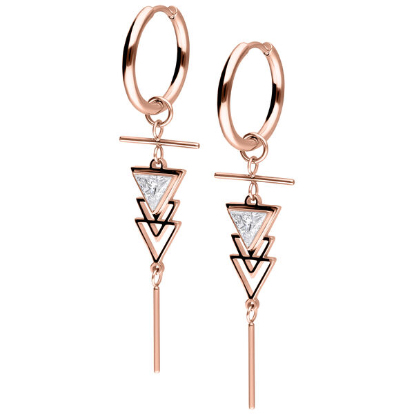 Aros de oro rosa con colgantes de cristal triangulares y detalles de barra sobre fondo blanco