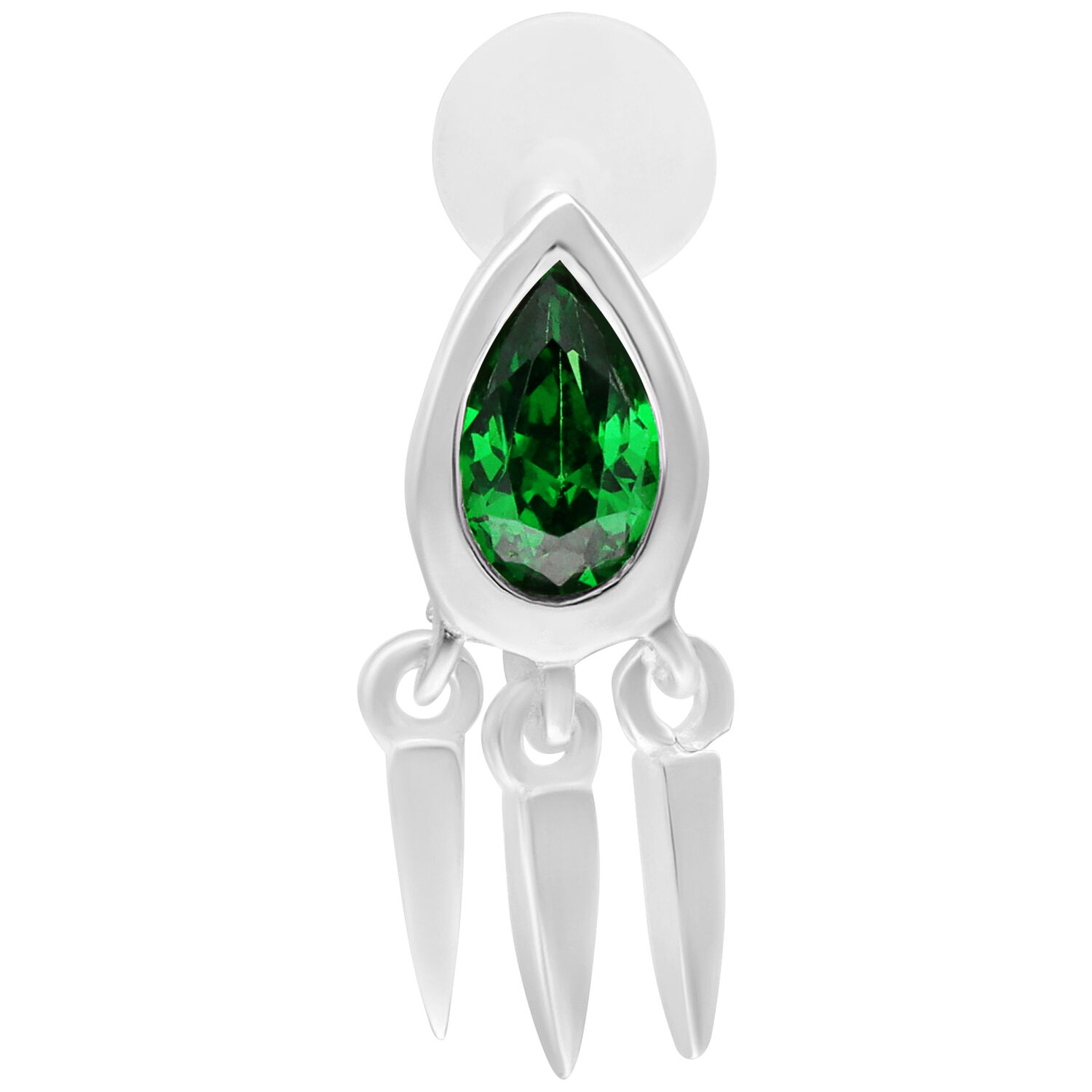 Silbernes Labret mit grünem Smaragdstein, 5.0 mm Silbernes Labret mit grünem Smaragd und drei Anhängern auf weißem Hintergrund