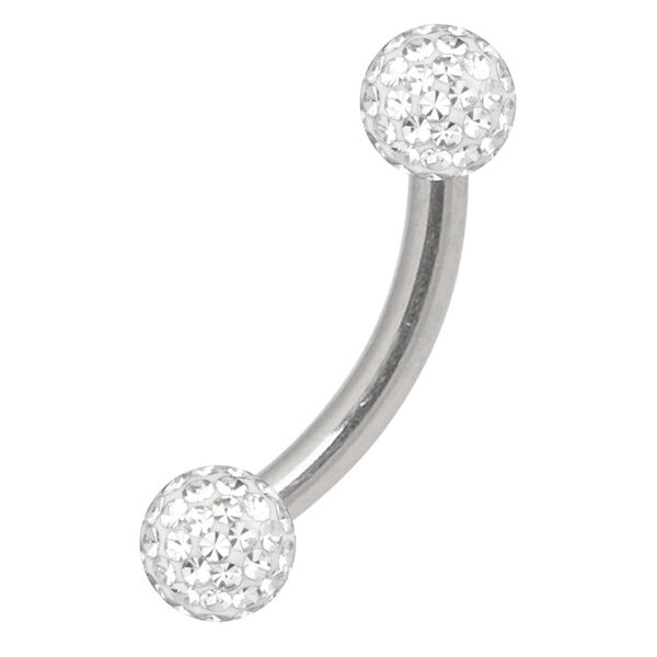 Piercing de titanio plateado con bolas de cristal claro sobre fondo blanco