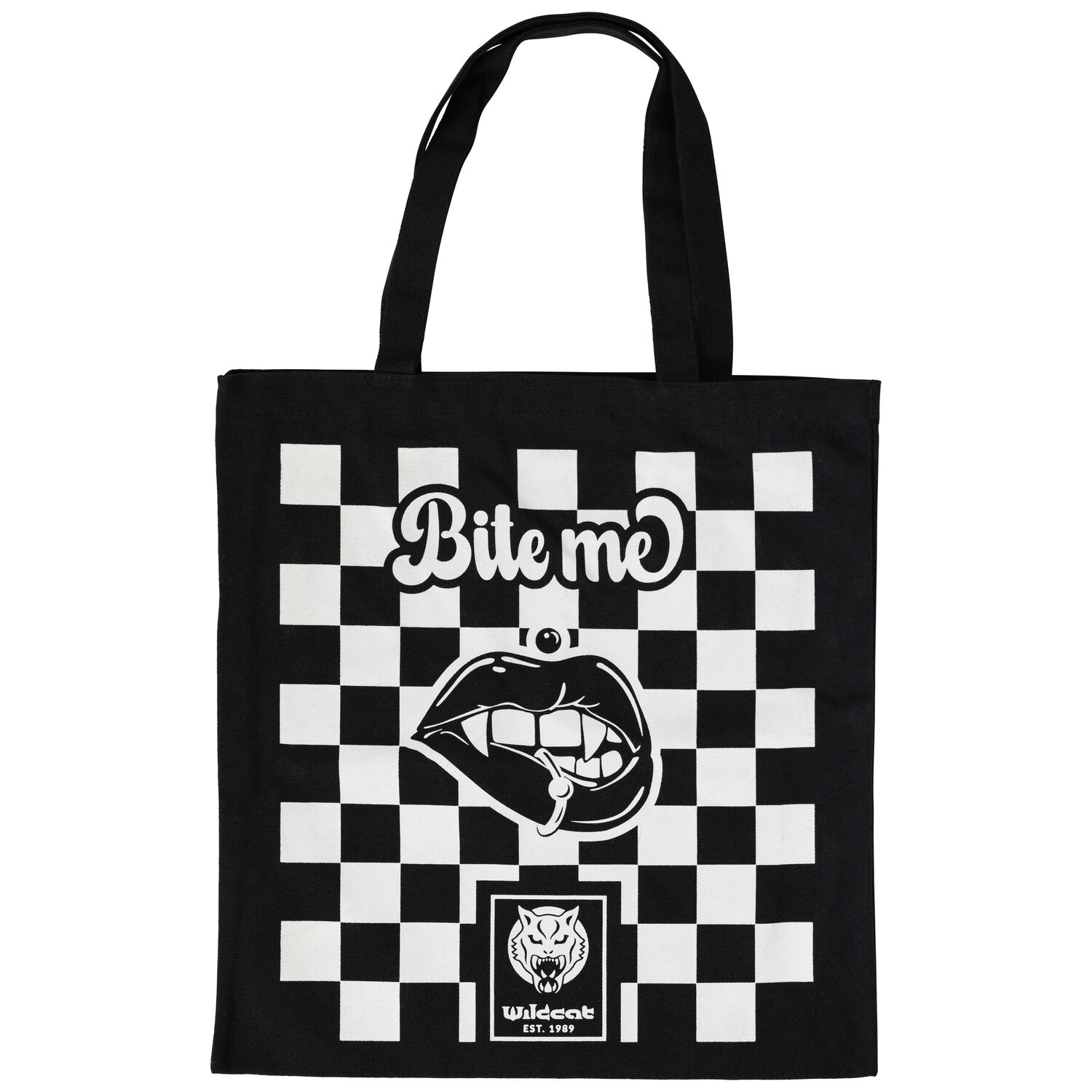 Schwarze Wildcat Baumwolltasche mit Print Schwarze Baumwolltasche mit weißem Schachbrettmuster und 'Bite Me' Schriftzug