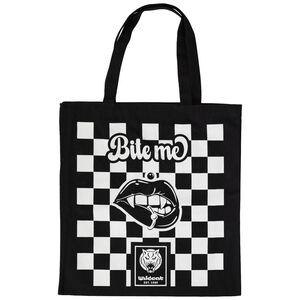 Schwarze Wildcat Baumwolltasche mit Print Schwarze Baumwolltasche mit weißem Schachbrettmuster und 'Bite Me' Schriftzug