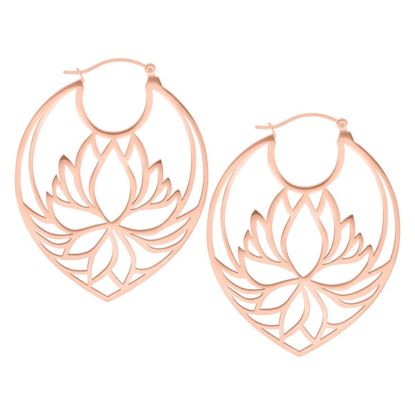 Roségoldene Lotus Hoops Ohrringe mit Klappverschluss auf weißem Hintergrund