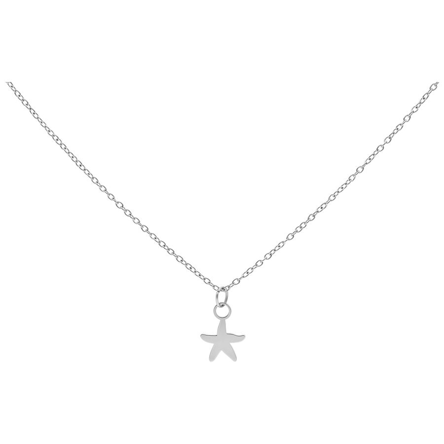 Collar plateado con colgante de pequeño estrella de mar sobre fondo blanco
