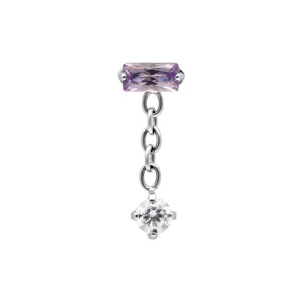 Attacco piercing argento con cristallo rettangolare color lavanda e catena di cristalli chiari su sfondo bianco