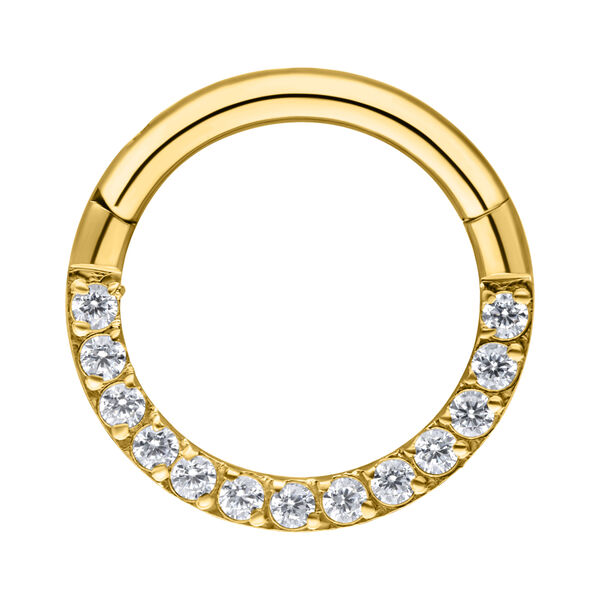 Clicker de septum dorado con cristales claros sobre fondo blanco