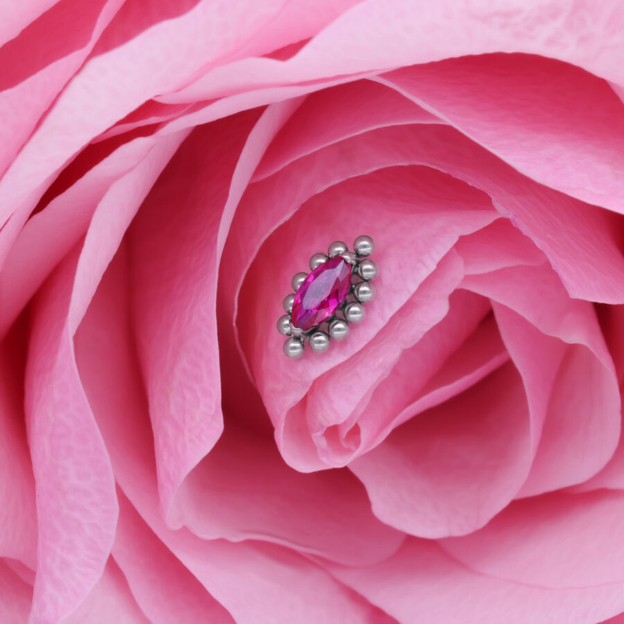 Ajuste ovalado de plata con cristal rojo sobre pétalo rosa
