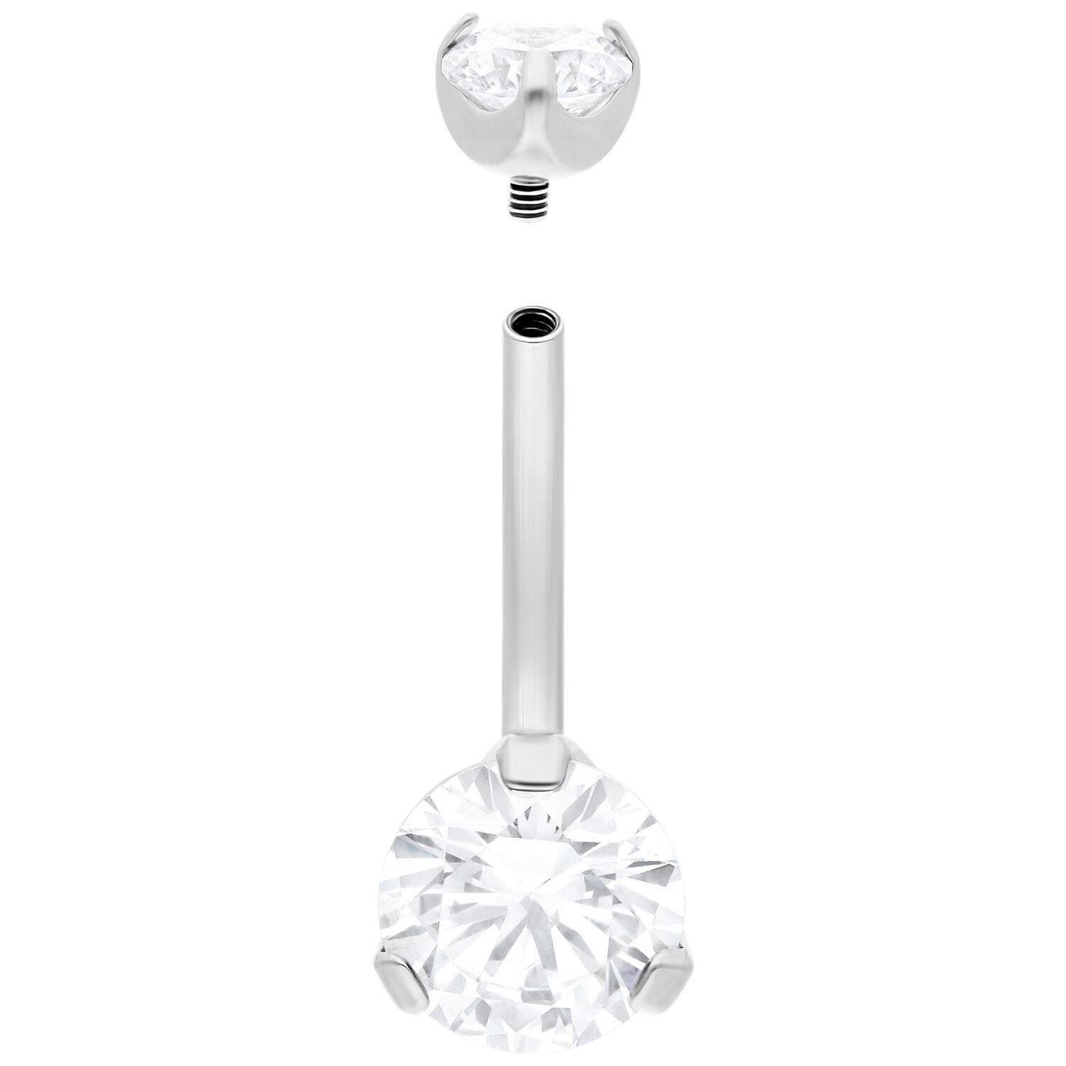 Silberfarbener Double Crystal Bananabell 10mm Silberfarbener Bananabell mit zwei klaren Kristallen auf weißem Hintergrund