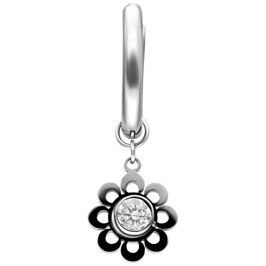 Cerchio argento con pendente floreale e cristallo su sfondo bianco.