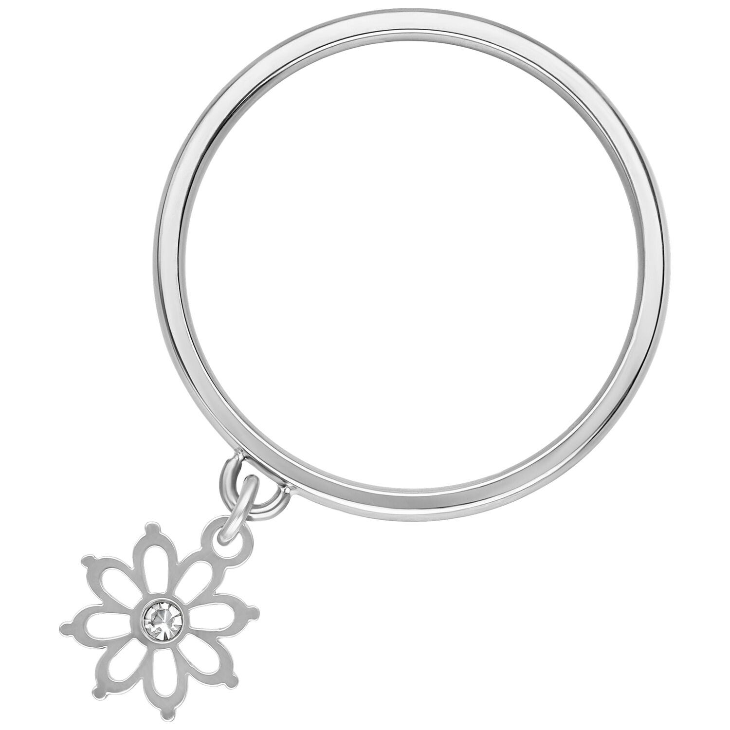 Silberner Dangling Flower Ring aus Chirurgenstahl Silberner Fingerring mit blumenförmigem Anhänger aus Chirurgenstahl auf weißem Hintergrund