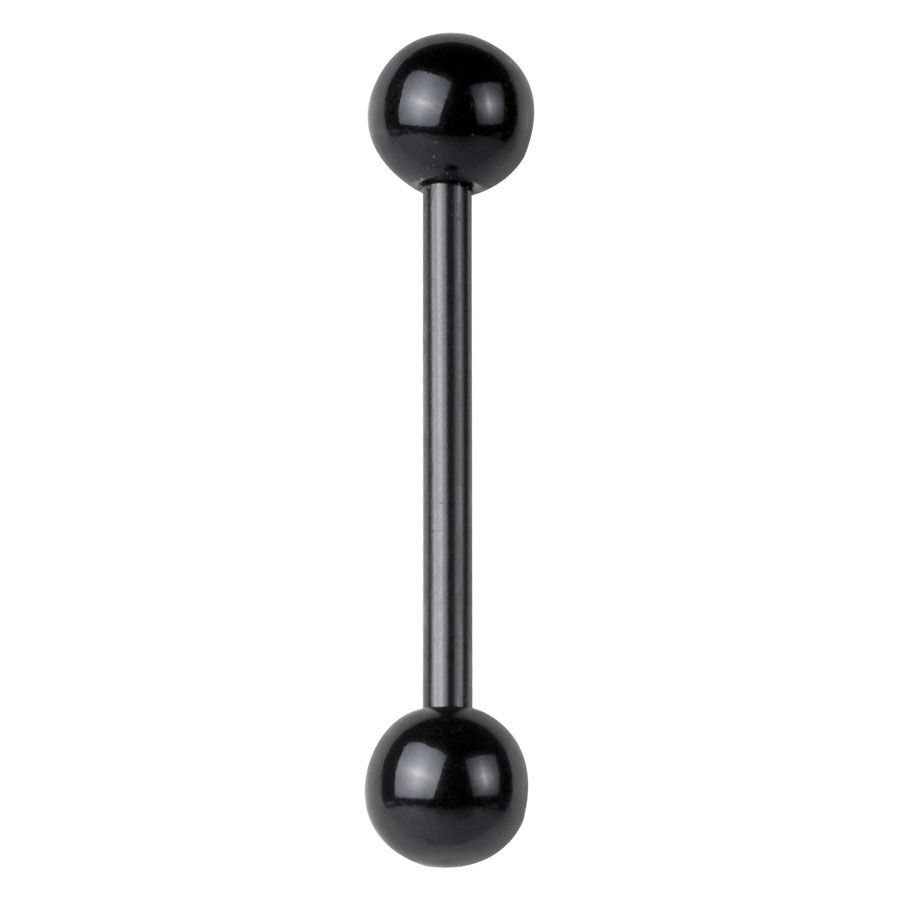 Barbell piercing nero con due palline su sfondo bianco