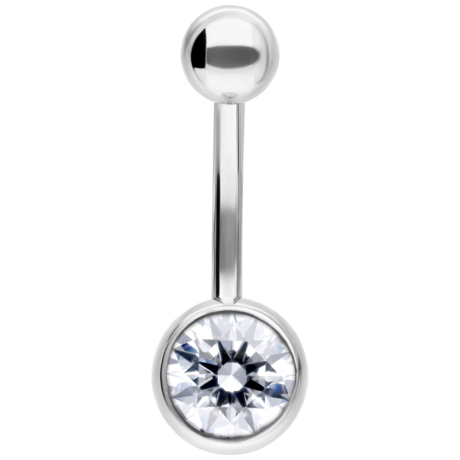 Bananabell Silber mit klarem Kristall 12 mm Silbernes Bananabell mit kristallklarem Stein, 12 mm Länge auf weißem Hintergrund