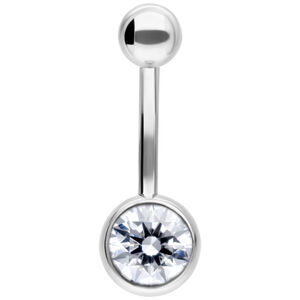 Bananabell Silber mit klarem Kristall 12 mm Silbernes Bananabell mit kristallklarem Stein, 12 mm Länge auf weißem Hintergrund