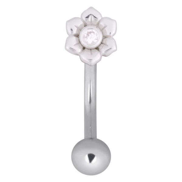 Bananabell plateado con motivo de flores y cristal claro sobre fondo blanco
