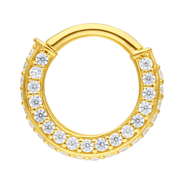 Anillo de piercing dorado con cristales claros sobre fondo blanco