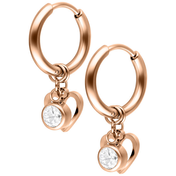 Coppia di cerchi in oro rosa con pendente a cuore e cristallo su sfondo bianco
