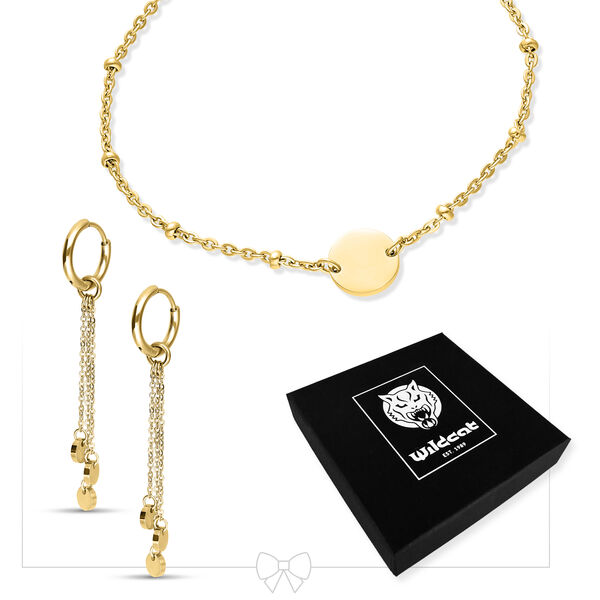 Bracciale a maglie dorate e cerchi su sfondo bianco con scatola Wildcat