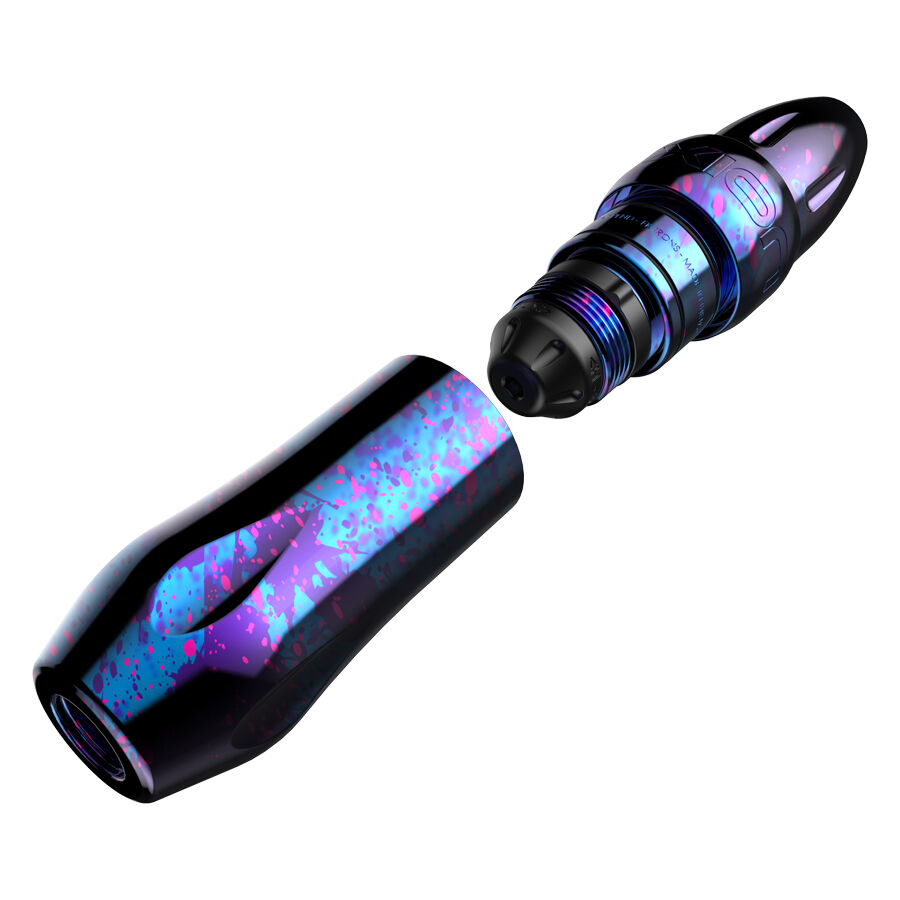 Máquina de tatuar Xion Pen Cosmic Storm en rosa, azul, lila sobre fondo blanco