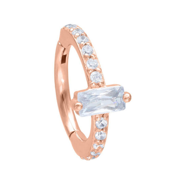 Anello piercing in oro rosa con cristalli chiari e una pietra rettangolare, 12mm