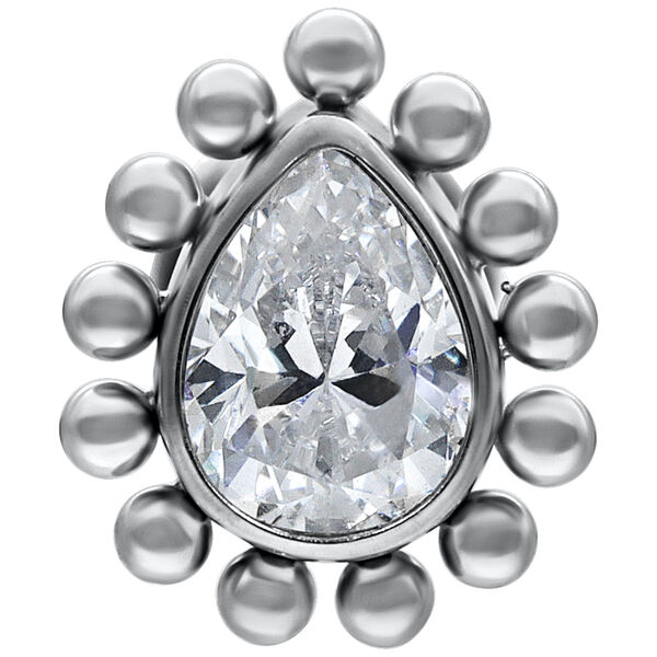 Labret de empuje de oro blanco con gota cristalina sobre fondo blanco