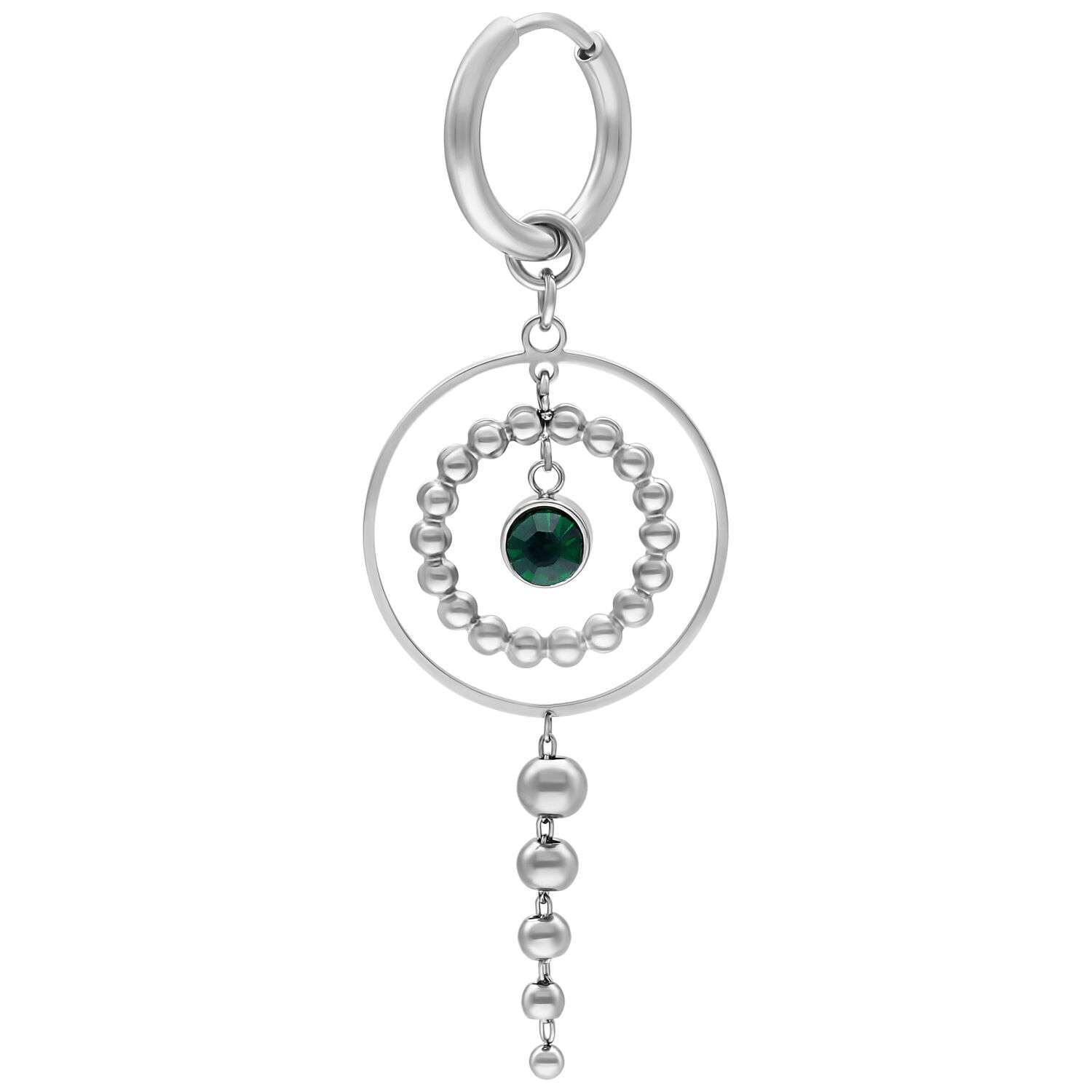 Little Aurora Hoops in Silber mit Smaragdgrün Elegante silberne Ohrringe mit smaragdgrünem Kristall und Perlenanhänger auf weißem Hintergrund