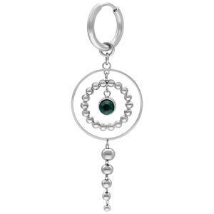 Little Aurora Hoops in Silber mit Smaragdgrün Elegante silberne Ohrringe mit smaragdgrünem Kristall und Perlenanhänger auf weißem Hintergrund