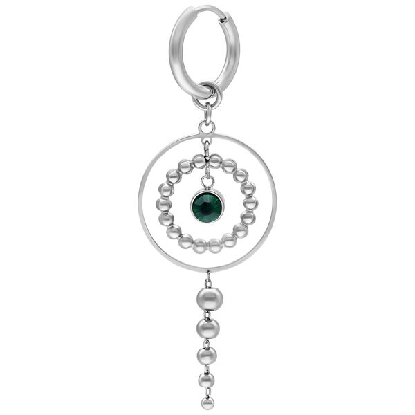 Elegantes pendientes de plata con cristal verde esmeralda y colgante de perla sobre fondo blanco
