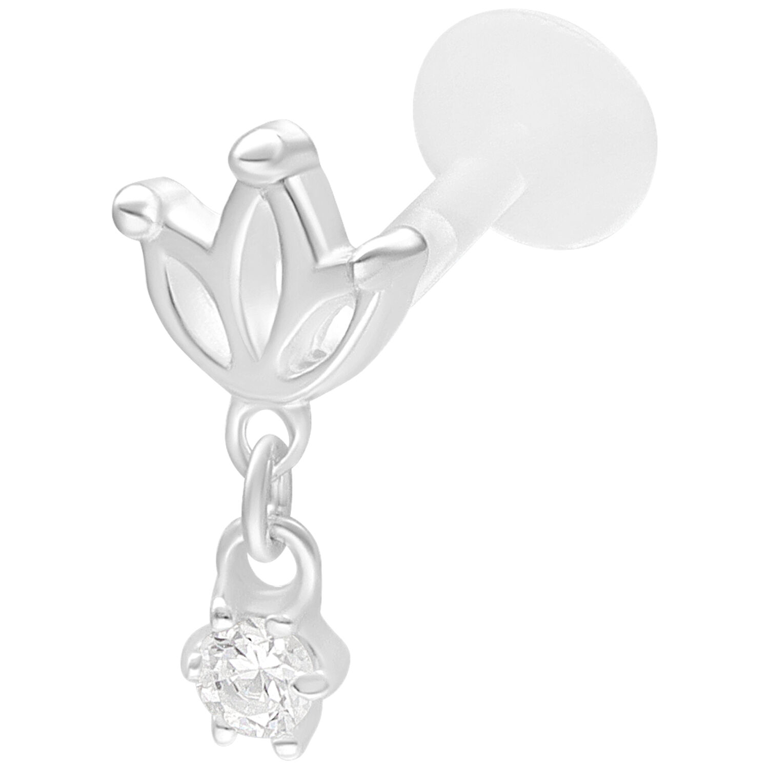 Silbernes Lotus Push Fit Labret mit Kristall Silbernes Labret mit Lotus-Design und funkelndem Kristall auf weißem Hintergrund