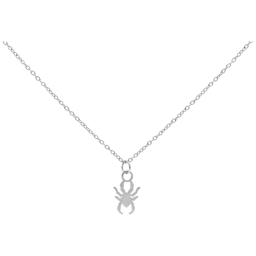 Collana d'argento con piccolo ciondolo a forma di ragno su sfondo bianco