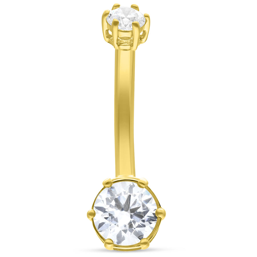 Bananabell de oro de 18K con dos cristales claros sobre fondo blanco