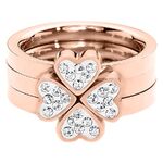 Tre anelli in oro rosa con design a cuore a forma di quadrifoglio e cristalli chiari