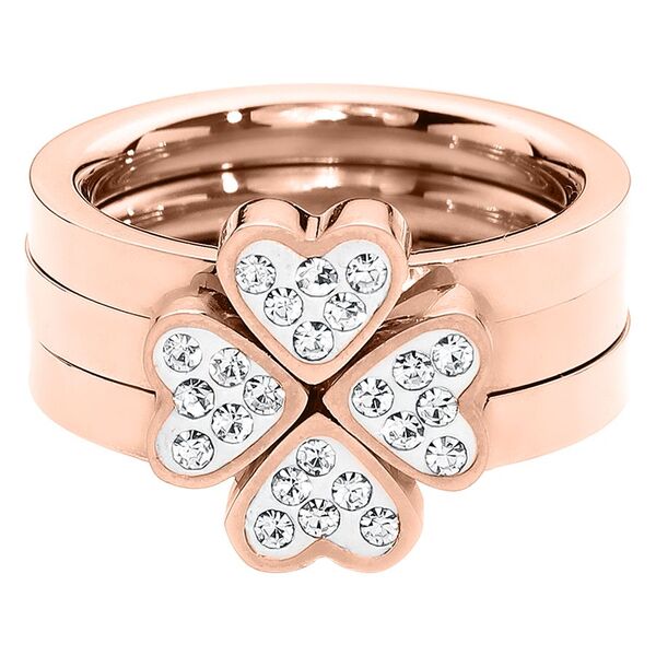 Drei roségoldene Ringe mit kleeblattförmigem Herzdesign und klaren Kristallen