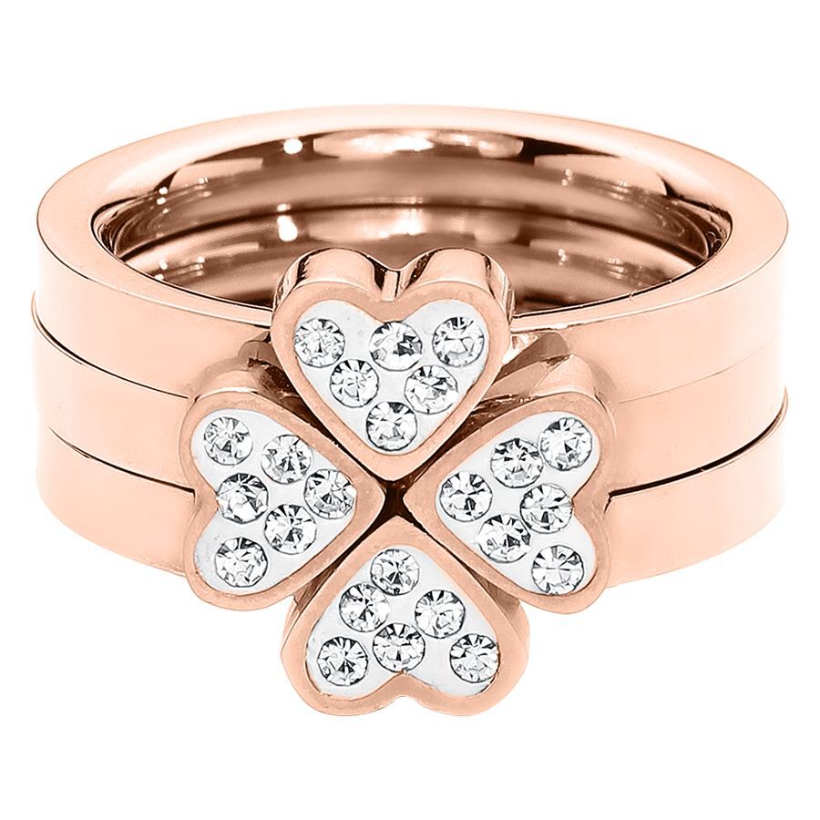 Tre anelli in oro rosa con design a cuore a forma di quadrifoglio e cristalli chiari
