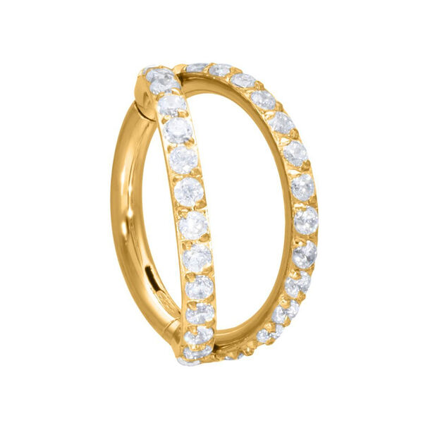 Anillo de piercing dorado con doble fila de cristales sobre fondo blanco
