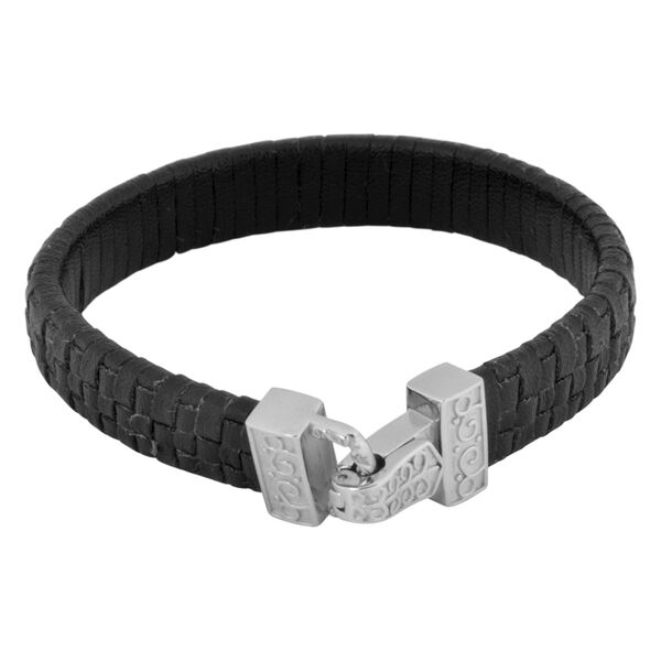 Pulsera de cuero negro trenzado con cierre de acero quirúrgico plateado sobre fondo blanco
