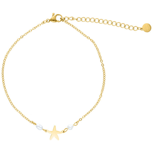 Tobillera dorada con colgante de estrella de mar y perlas sobre fondo blanco