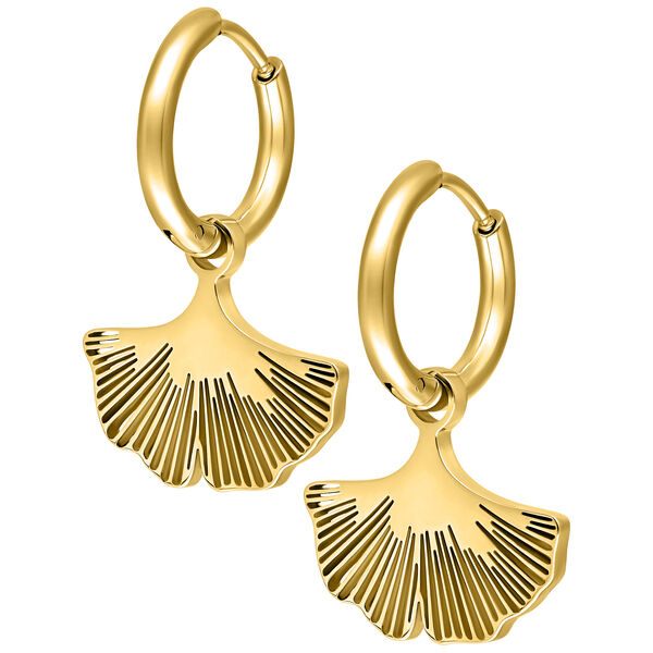 Dos brillantes pendientes de ginkgo dorados sobre fondo blanco