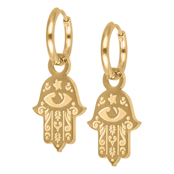 Zwei goldene Hamsa Hand Ohrringe aus Chirurgenstahl auf weißem Hintergrund