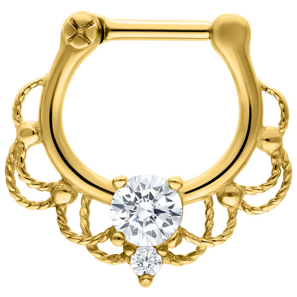 Goldener Septum Clicker mit klarem Kristall auf weißem Hintergrund