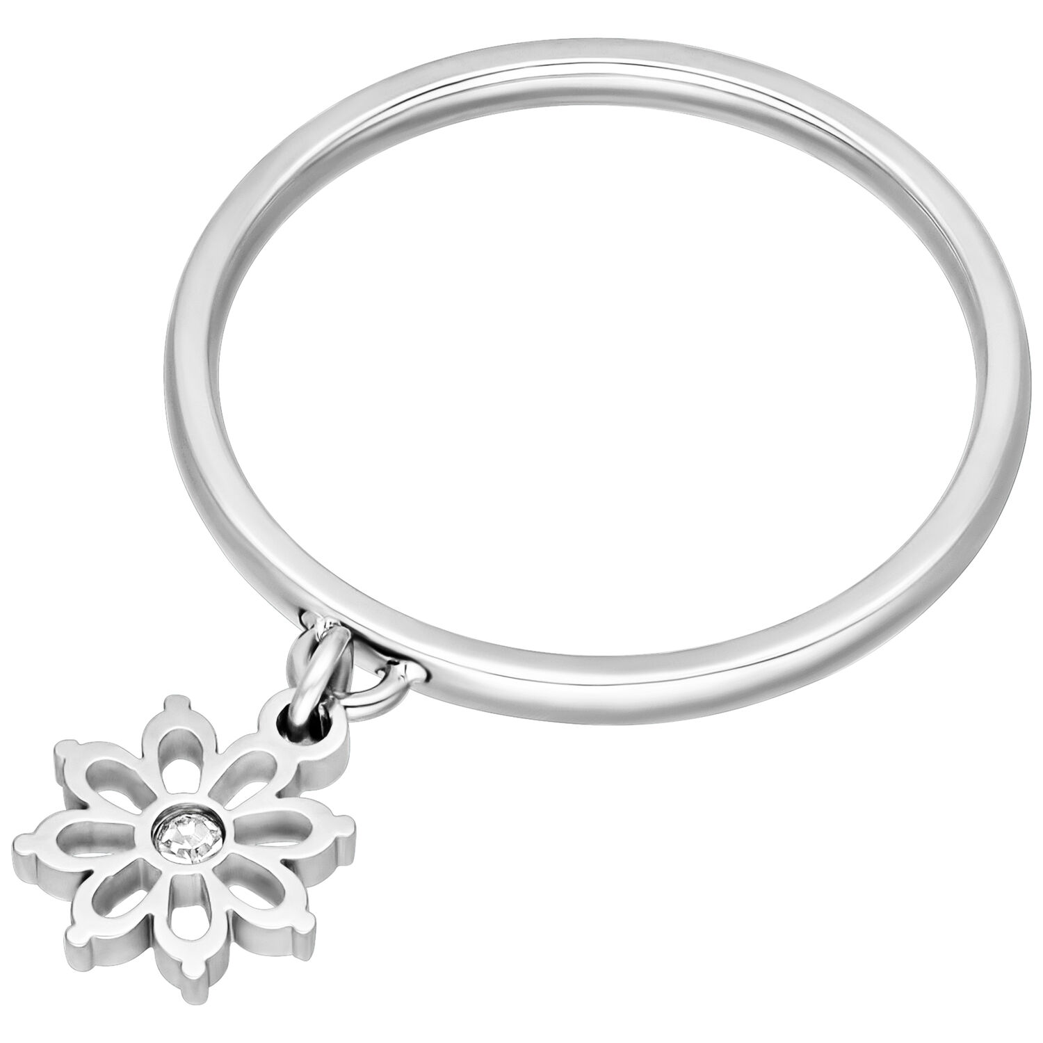 Silberner Blumenring mit Anhänger Silberner Fingerring mit hängendem Blumenanhänger auf weißem Hintergrund