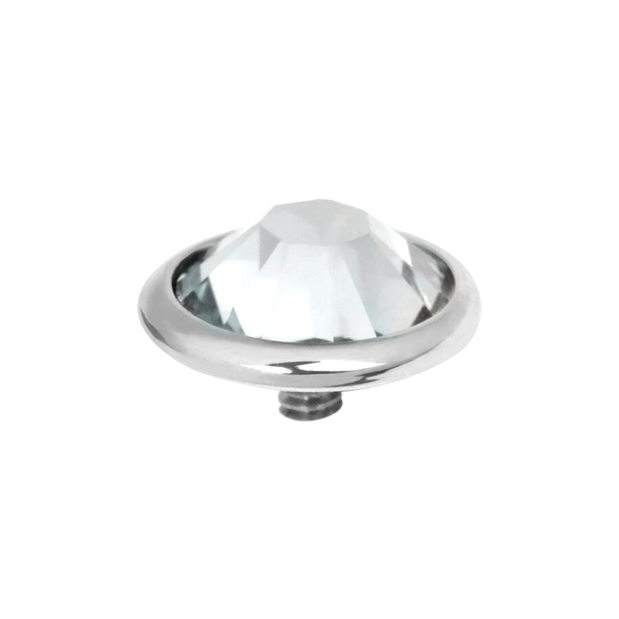 Aplique de titanio plateado con cristal facetado sobre fondo blanco