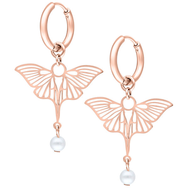 Roségoldene Ohrringe mit Libellenmotiv und hängender Perle