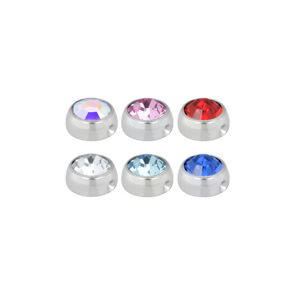 Seis bolas de titanio con cristales de colores sobre fondo blanco
