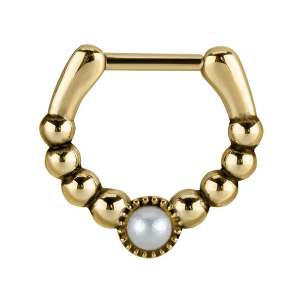 Goldener Septum Clicker mit Kugeldesign und weißer Perle auf weißem Hintergrund