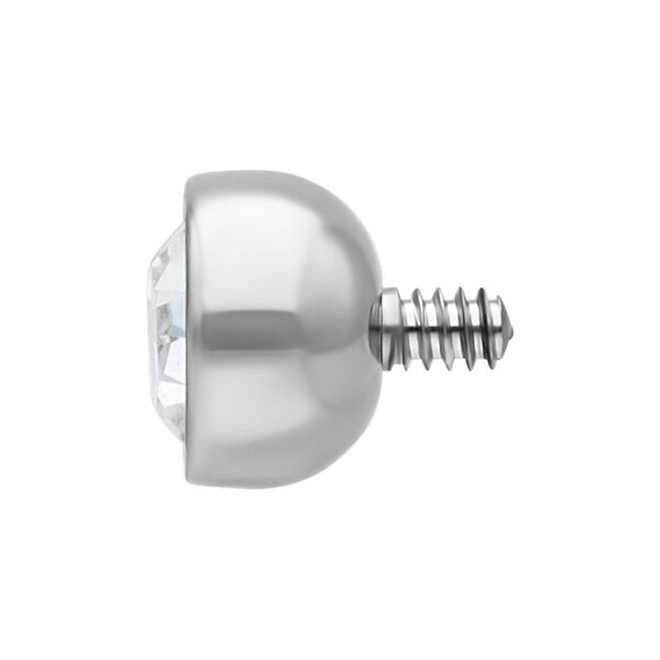 Pieza de piercing de titanio plateado con cristal claro sobre fondo blanco