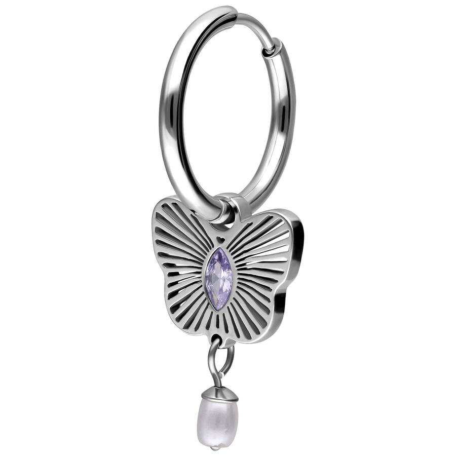 Orecchino d'argento con ciondolo a farfalla e cristallo viola, perla pendente
