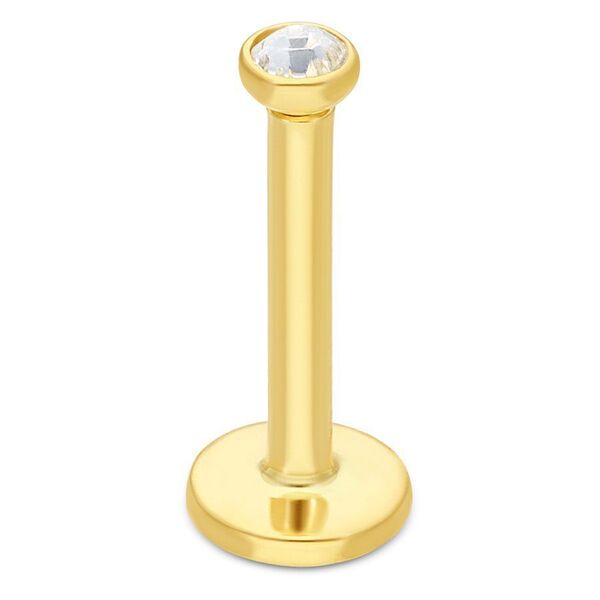 Labret dorado de oro 750 con piedra cristalina sobre fondo blanco