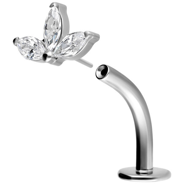 Silbernes Titan Curved Labret mit Kristallblüte auf weißem Hintergrund