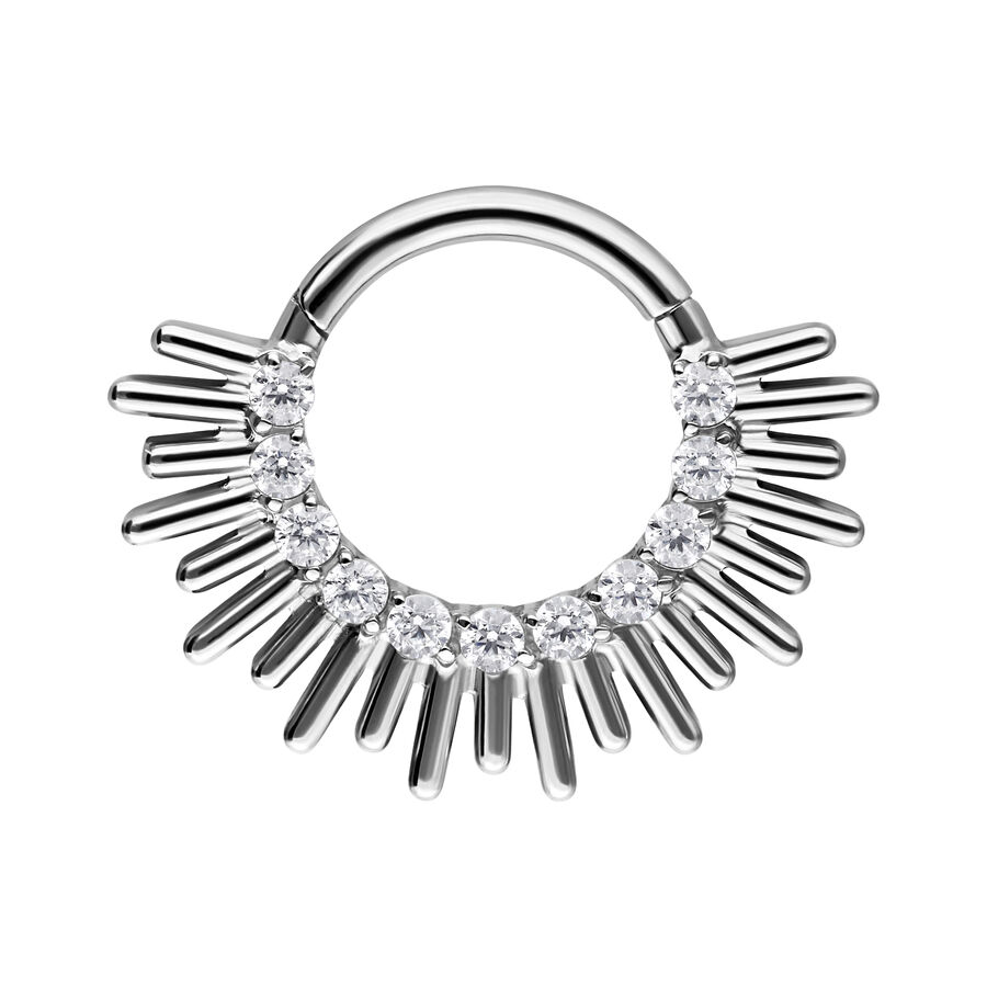 Clicker per setto in titanio argento con zirconi a raggiera su sfondo bianco